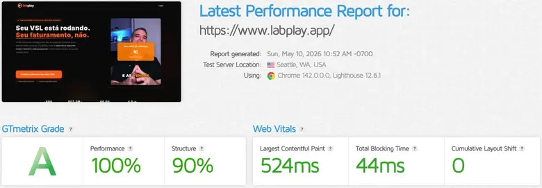 Relatório GTmetrix Grade A para labplay.app